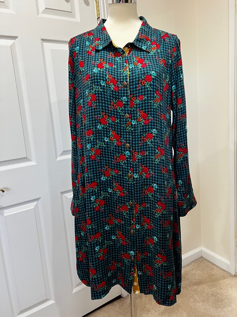 Matilda Jane Fa La La Floral Plaid Gingham Shirt Midi Dress Size Large Boho Chic